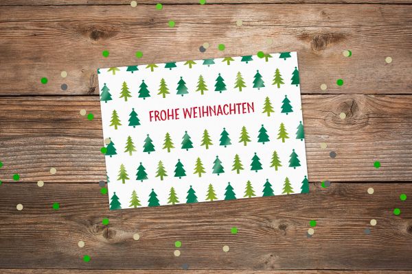 Postkarte Frohe Weihnachten Bäume grün
